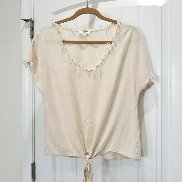 Umgee Tan Linen Fringe Ruffle Boho Peasant Blouse - Women's Size S - Picture 1 of 5